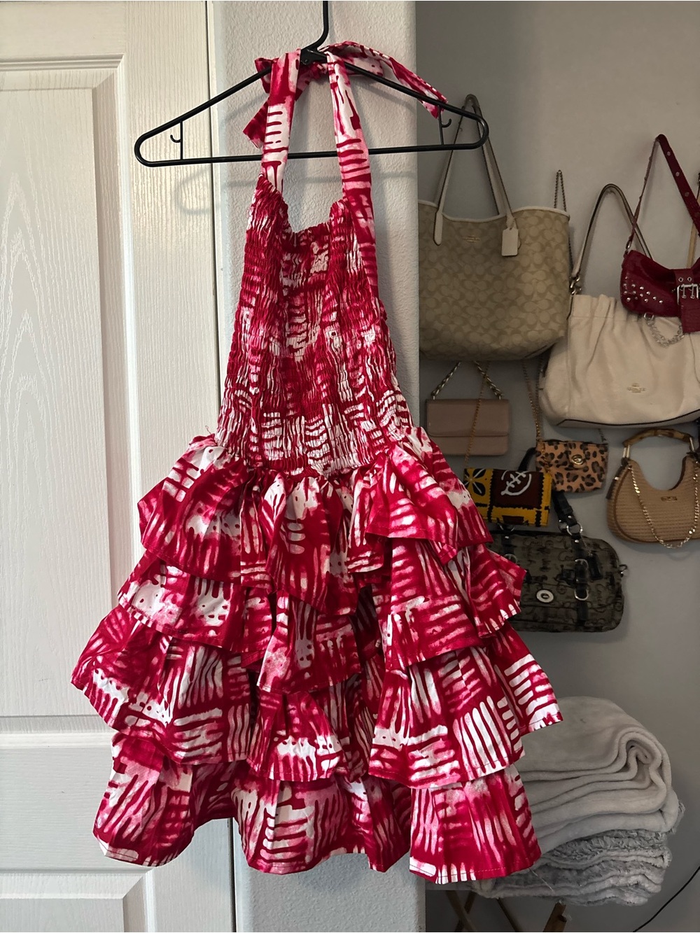 Red & White print Halter Ruffle Dress